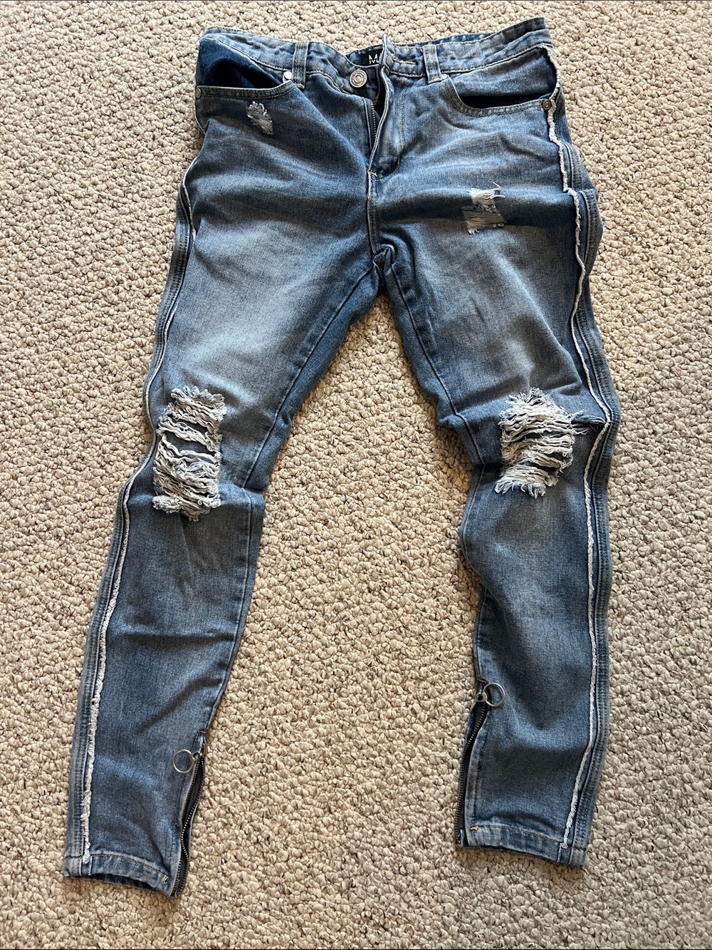 boohooMAN Slim Fit Distressed Men's Blue Jeans zippered ankles